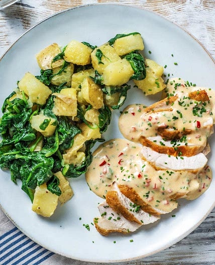 HF Crispy Chicken with Chilli & Chive Sauce, Spinach and Potatoes