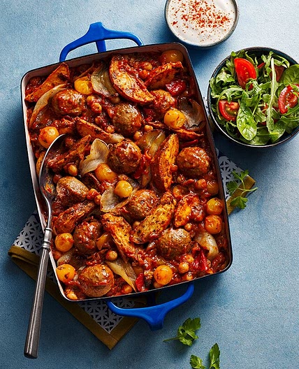 Smoky meatball tray bake with potato wedges