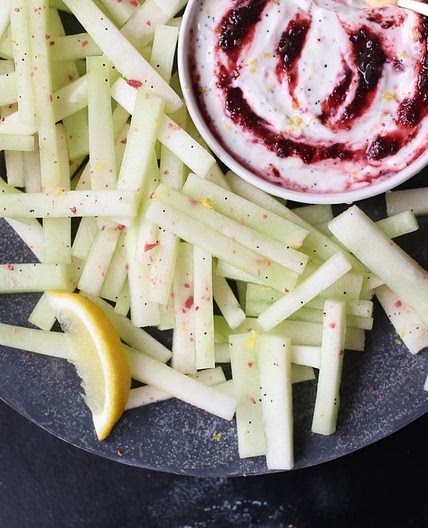 Summer Melon Sticks with Lemon Cherry Dip (Easy Vegan Snack)