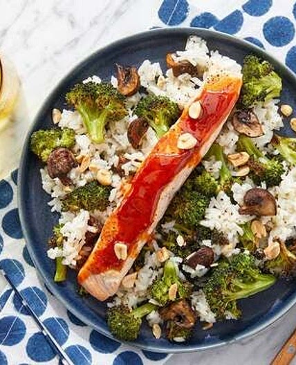 Soy-Gochujang Salmon with Broccoli & Mushroom Rice