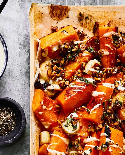 Roasted Butternut Squash with Orange Tahini, Walnuts, and Za’atar