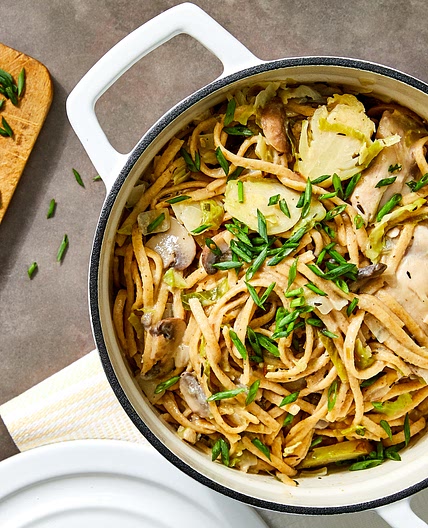 Creamy Chicken, Brussels Sprouts & Mushrooms One-Pot Pasta