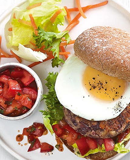 Egg-topped veggie bean burgers