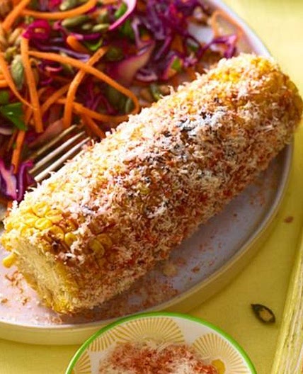 BBQ glazed corn on the cob with vegetable rice salad