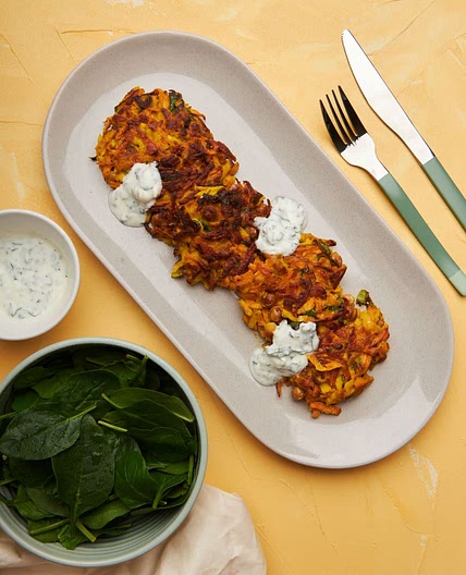 Vegetable Fritters with Yoghurt and Spinach