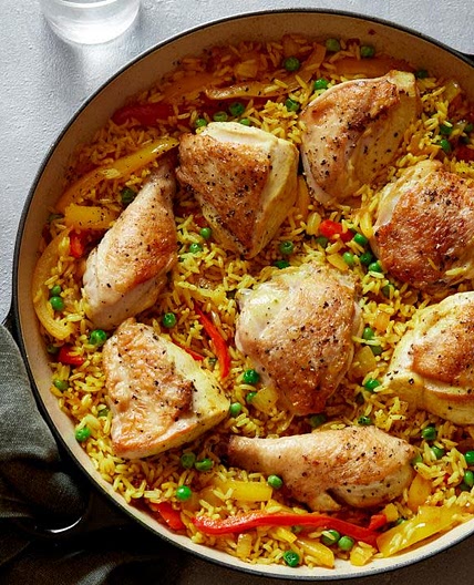 Cuban Baked Chicken with Sweet Peppers and Yellow Rice