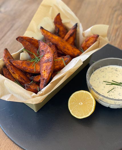 Spiced Sweet Potato Wedges with Lemon Yogurt Dip