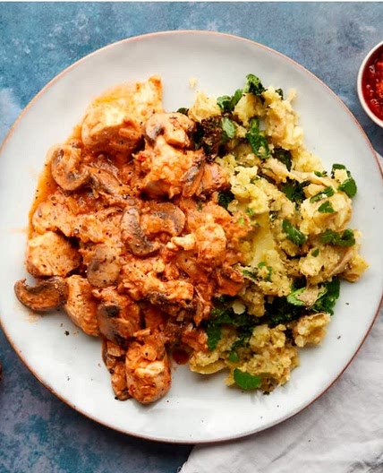 Chicken & mushroom stroganoff with pesto mash