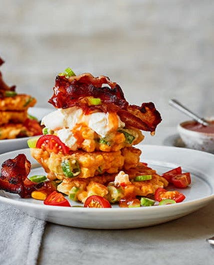 Sweetcorn fritters with crispy bacon