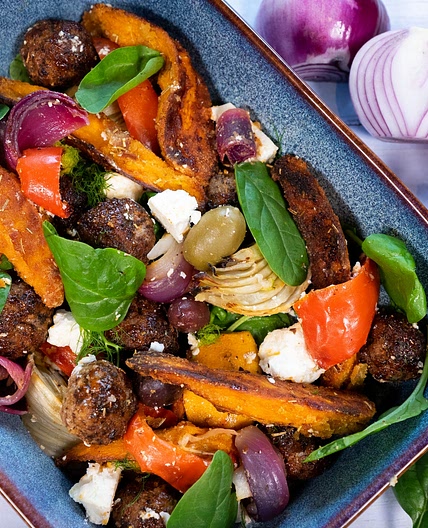 Minted Lamb Meatballs & Sweet Potato Traybake by Pureety
