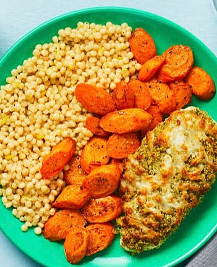 Mozzarella & Herb Chicken with Roasted Carrots Israeli Couscous 
