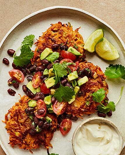 Sweet potato fritters with black bean salsa