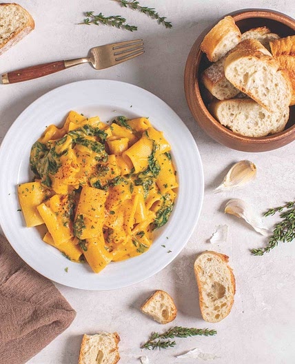 Vegan Cajun Coconut Sweet Potato Rigatoni with Kale