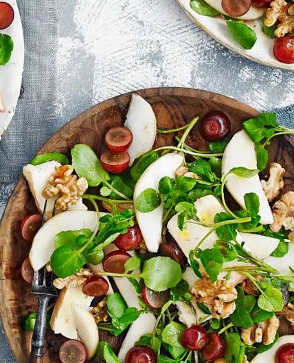 Pickled grape salad with pear, taleggio and walnuts