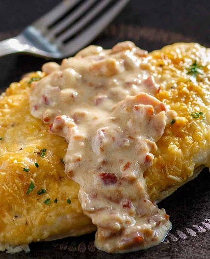 LOW CARB PARMESAN CHICKEN WITH CREAMY BACON SAUCE