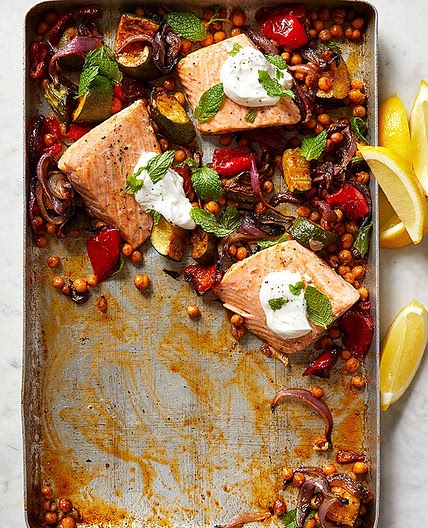 Roasted salmon with chickpeas, zucchini, and red pepper