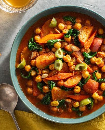 Moroccan root vegetable and chickpea tagine with almonds and raisins
