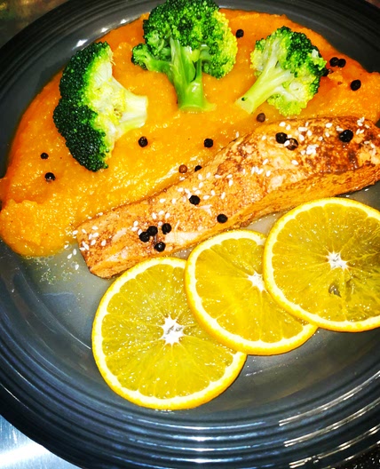 Tea infused Salmon with butternut squash velouté