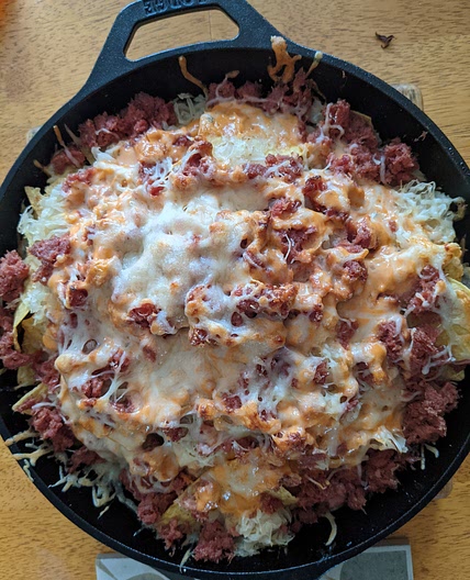 Double Decker Reuben Nachos in Cast Iron