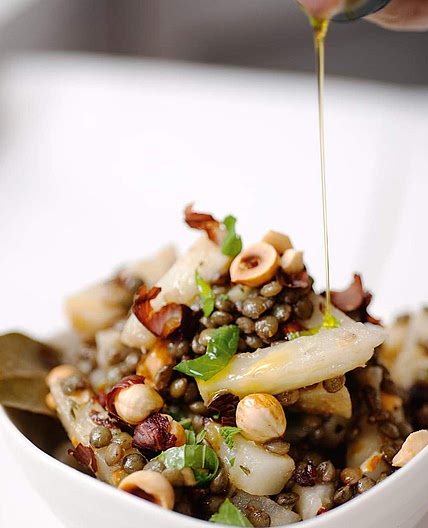 Celeriac and lentils with hazelnuts and mint