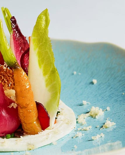 Salad of autumn vegetables with goat's curd and cobnuts