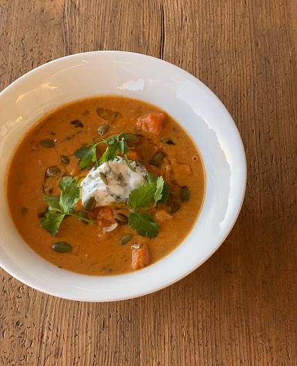 Roasted Sweet Potato Soup with Miso and Coconut