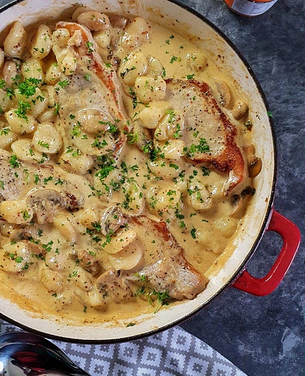 Pork Chops & Gnocchi with Creamy Mustard Sauce