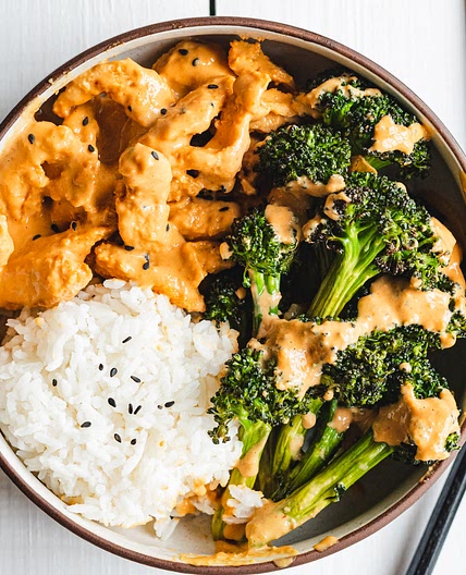 Soy Curls in Creamy Peanut Sauce with Garlicky Broccoli