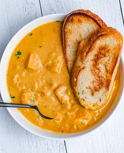 Curried Butternut Squash Red Lentil Soup with Crispy Sourdough