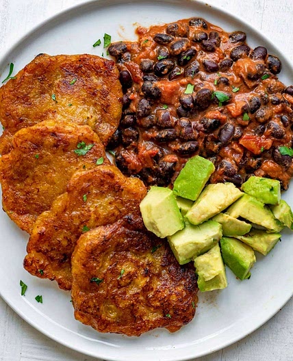 Creamy Almond Butter Black Bean Chili & Plantain Fritters