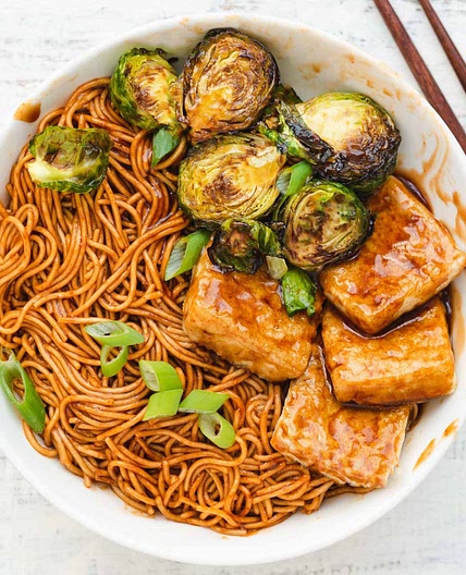 Miso Soy Tofu and Brussels