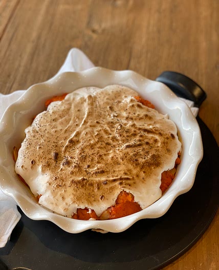 Roasted Garlic Candied Yams with Savory Meringue