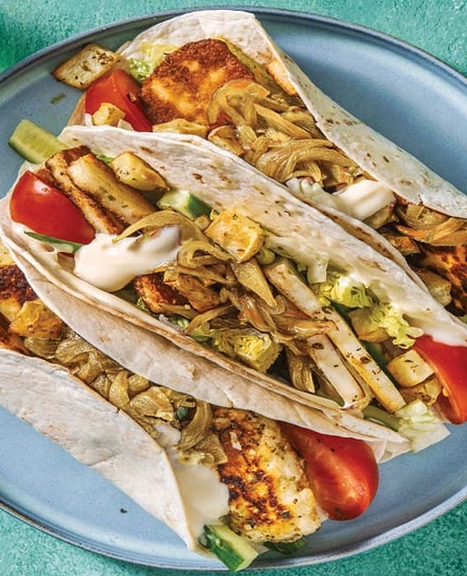 Herby Haloumi & Roasted Potato Tacos with Caramelised Onion & Garlic Aioli