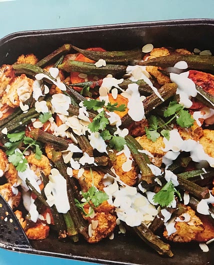 Spiced Roast Cauliflower, sweet potato and okra with yoghurt and almonds
