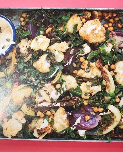 Roasted cauliflower with chickpeas, spring greens, lemon and tahini (vegan)
