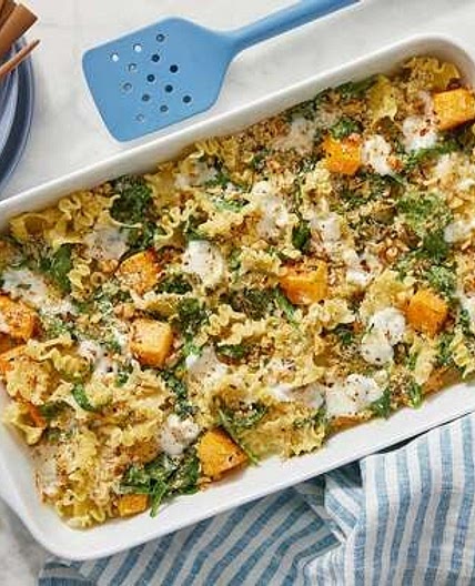 Creamy Butternut Squash Pasta Bake with Spinach & Walnuts