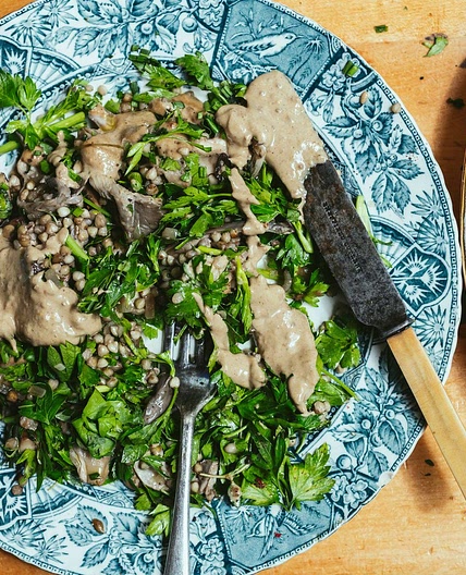 Buckwheat mushroom salad with tahini mustard dressing