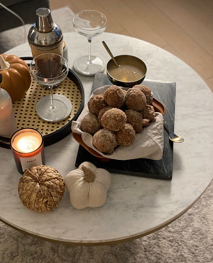 Pumpkin Doughnuts with Spiced White Chocolate Dipping Sauce