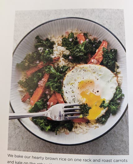 Brown rice bowls with roasted carrots, kale, and eggs