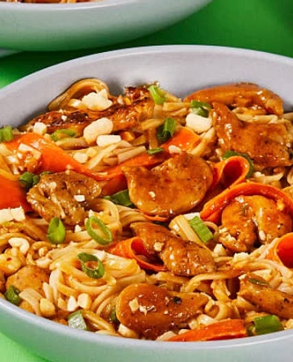 Chicken Satay Noodle Toss with Carrot Ribbons & Peanuts