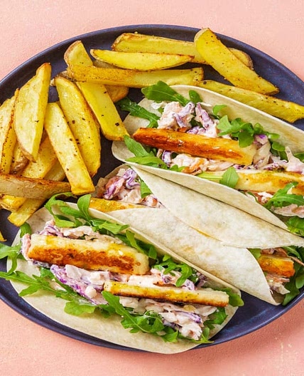 Paprika, Lime & Honey Glazed Halloumi Wraps with Garlic Soured Cream Slaw and Cajun Chips