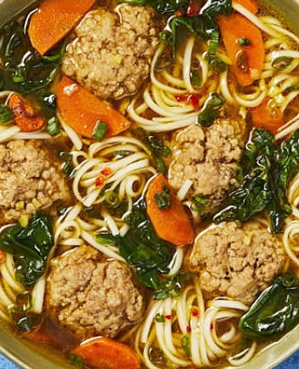 Pork Meatball Ramen with Spinach, Carrots, & Chili Oil