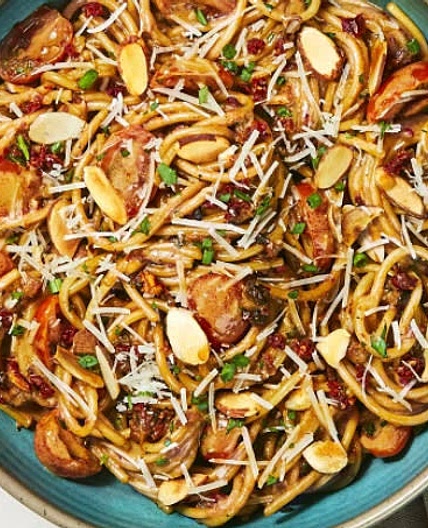 Sun-dried Tomato Spaghetti with … Fresh Herbs, Almonds, & Parm 