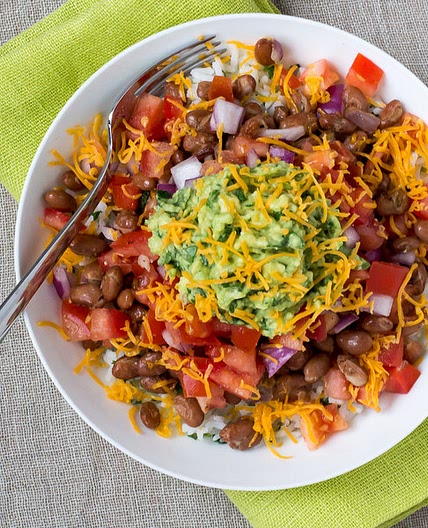 Veggie Burrito Bowl with Salsa, Guacamole & Cheddar