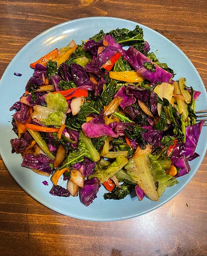Stir Fried Kale, Romain and Red Cabbage. 