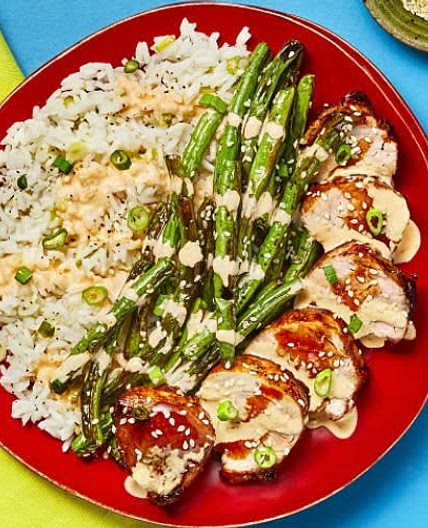 Hoisin-Glazed Pork Tenderloin with Scallion Rice, Ponzu Roasted 