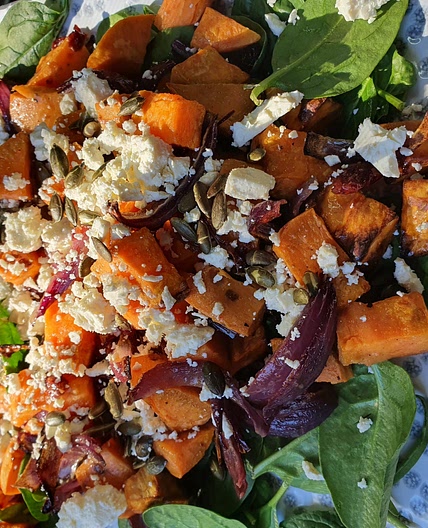 WARM SWEET POTATO SALAD WITH CRANBERRIES & FETA