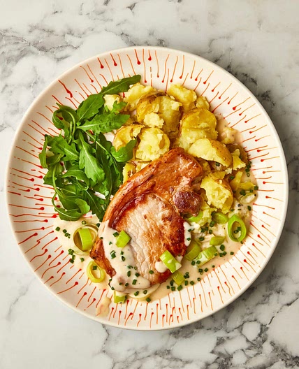 Creamy Mustard-Chive Pork Steak With Crushed Potatoes