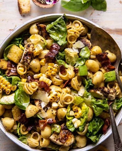Pesto Chicken, Corn, and Avocado Bacon Pasta Salad