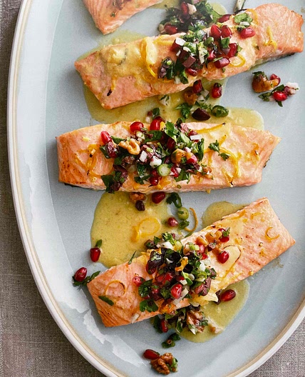 Roasted Ginger Salmon (Chicken) with Pomegranate Olive (Capers) Mint Salsa [HMC]
